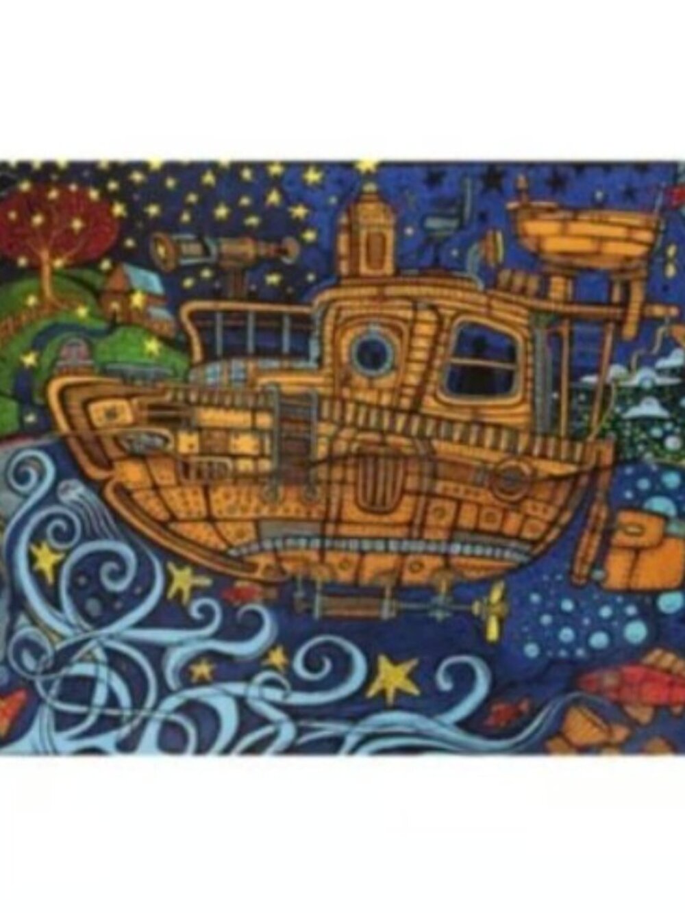 Steampunk 3D Tugboat Tapestry ~ Complete w/Corner Loops ~ 30" x 45" ~ Brand New!